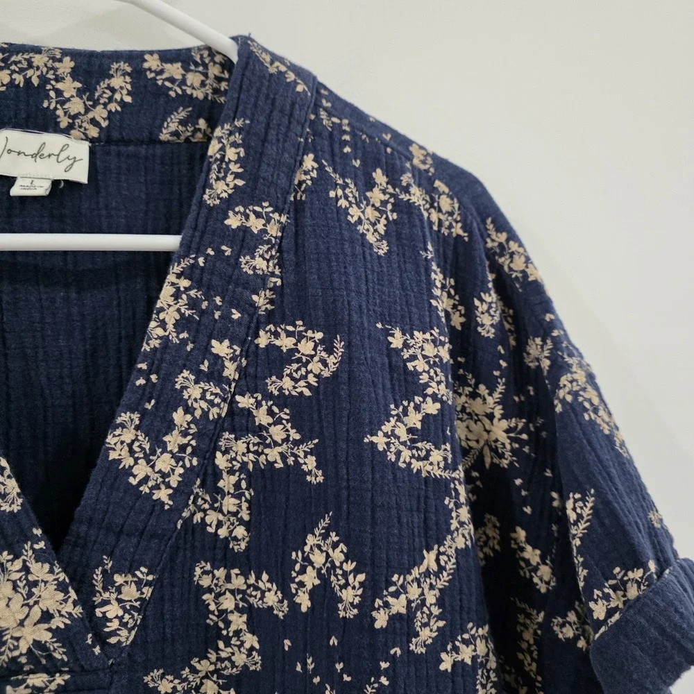 Wonderly Womens Floral Gauze‎ Shirt Dress Size Large Blue Cottage Coastal Euro